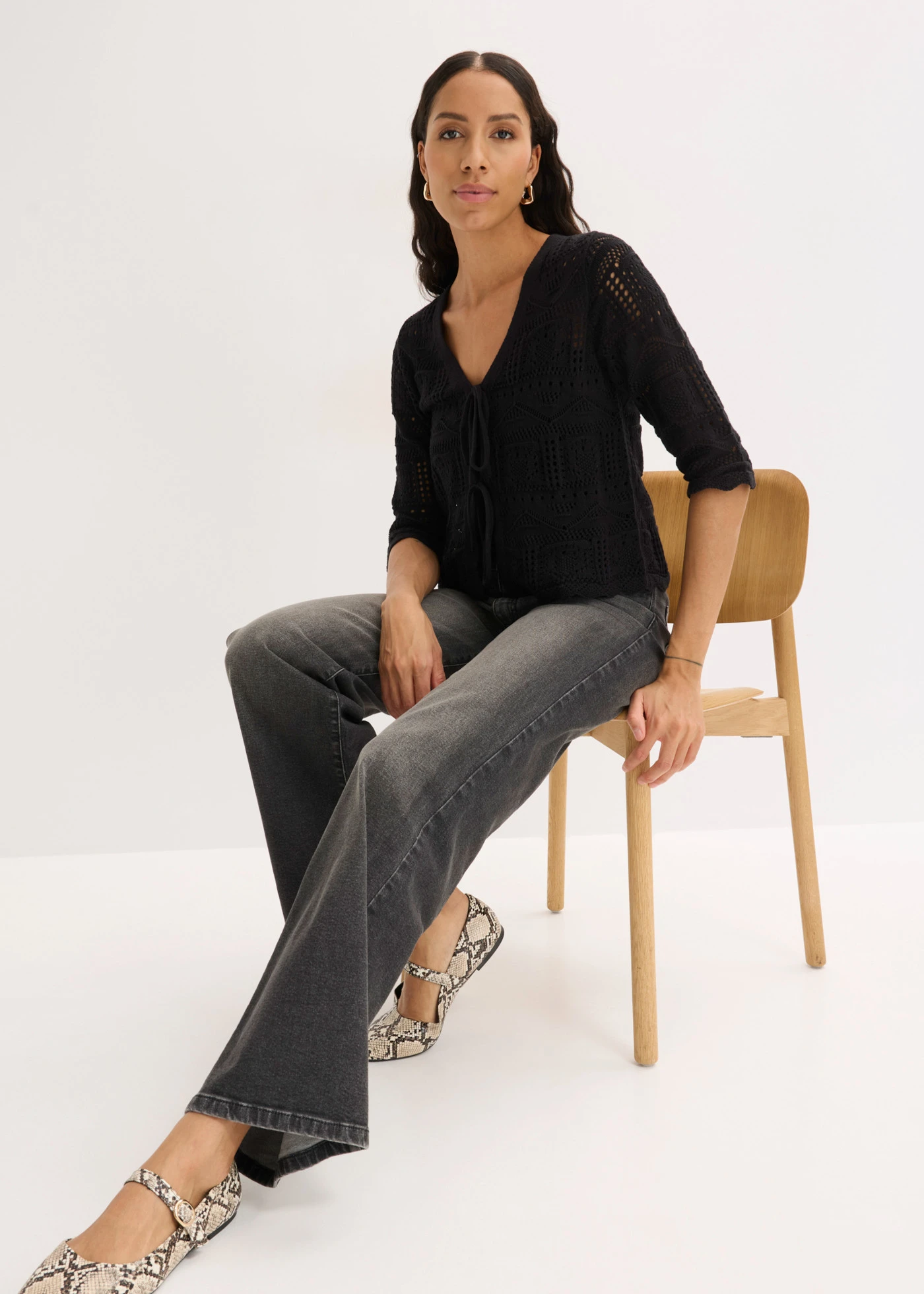 Azsúr kötött kardigán megkötős kidolgozásban • fekete • bonprix áruház