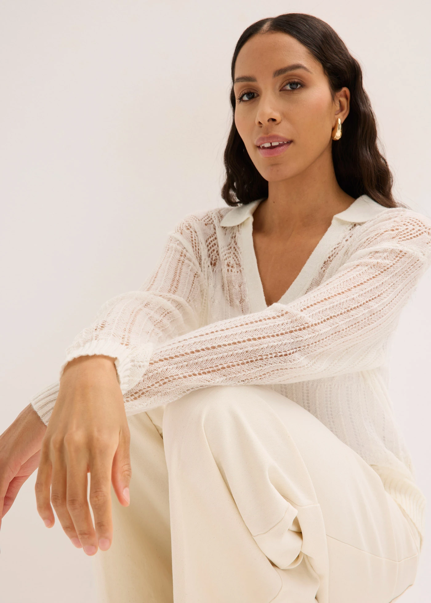 Pulover ajour din mix moale cu lână • ecru • magazin bonprix