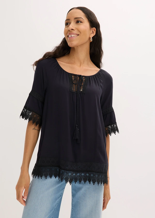 Tuniek met kant van zachte viscose, Kleur: zwart