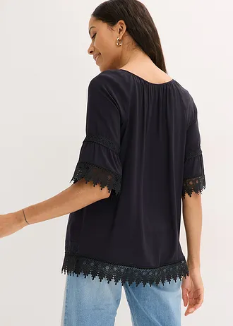 Tuniek met kant van zachte viscose, Kleur: zwart