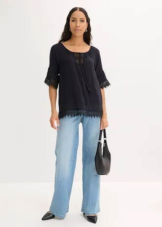 Tuniek met kant van zachte viscose, Kleur: zwart