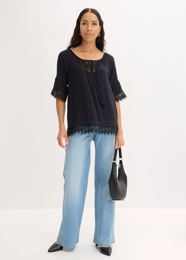 Tuniek met kant van zachte viscose, Kleur: zwart