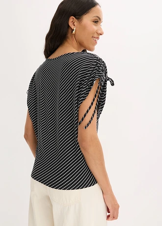 T-shirt en viscose douce, Couleur: blanc/noir rayé