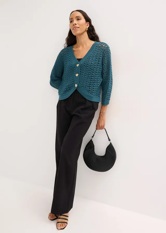 Cardigan ajouré 100% coton, Couleur: vert poivre