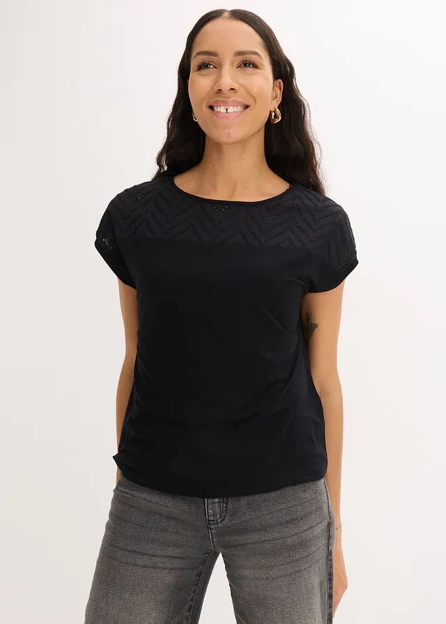 Kanten shirt van soepele viscose, Kleur: zwart