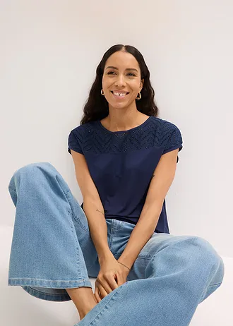 T-shirt en dentelle, en viscose douce • bleu foncé • Boutique bonprix