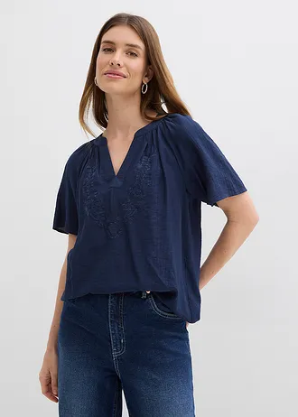 Blouse manches courtes, effet froissé, Couleur: bleu foncé