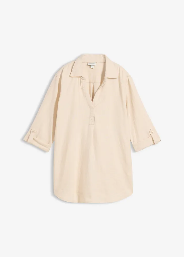 Blouse met linnen en 3/4 mouwen, Kleur: kiezelgrijs
