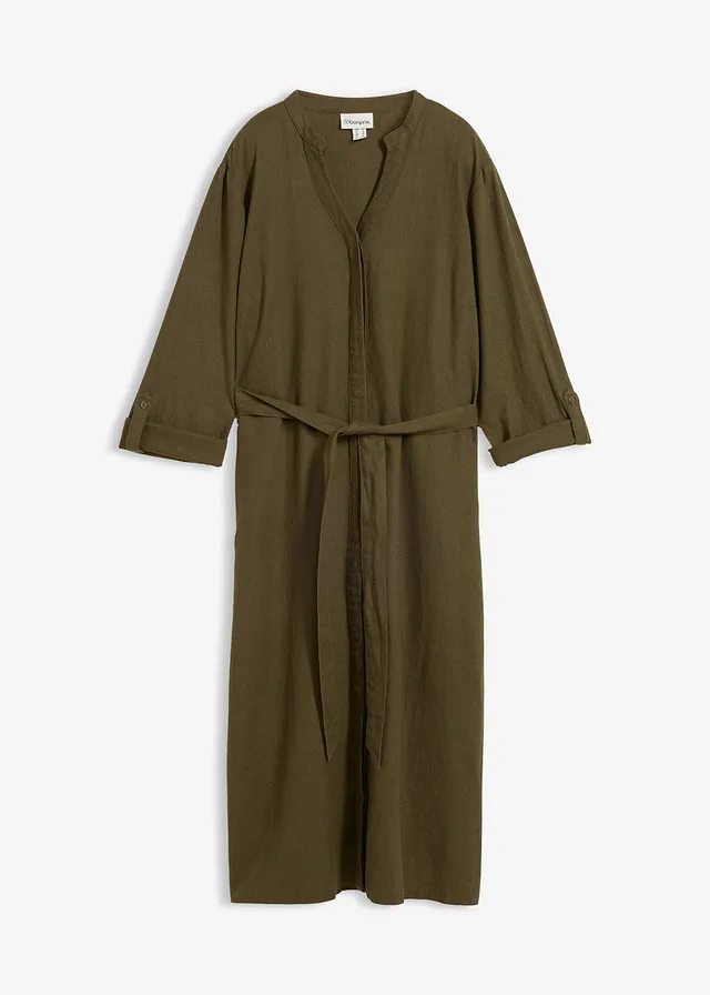Robe à poches en lin et viscose, Couleur: olive foncé