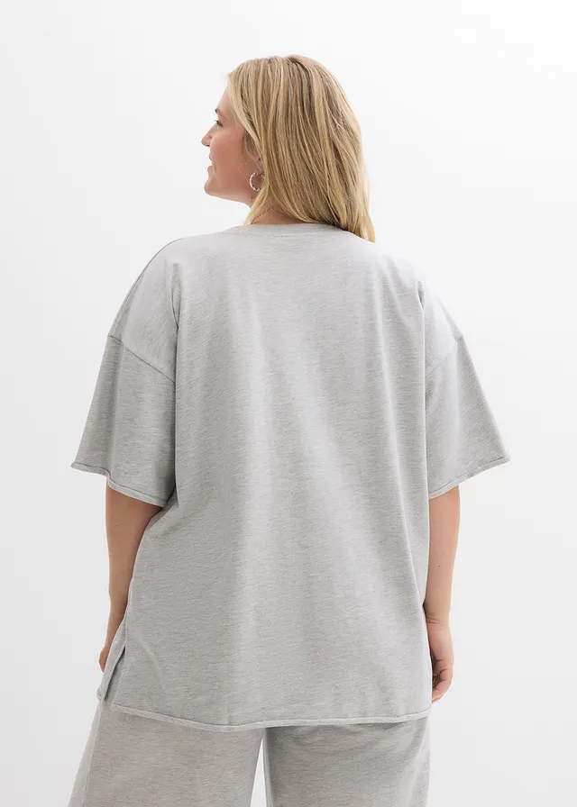 T-shirt long en sweat 100% coton, Couleur: gris clair chiné