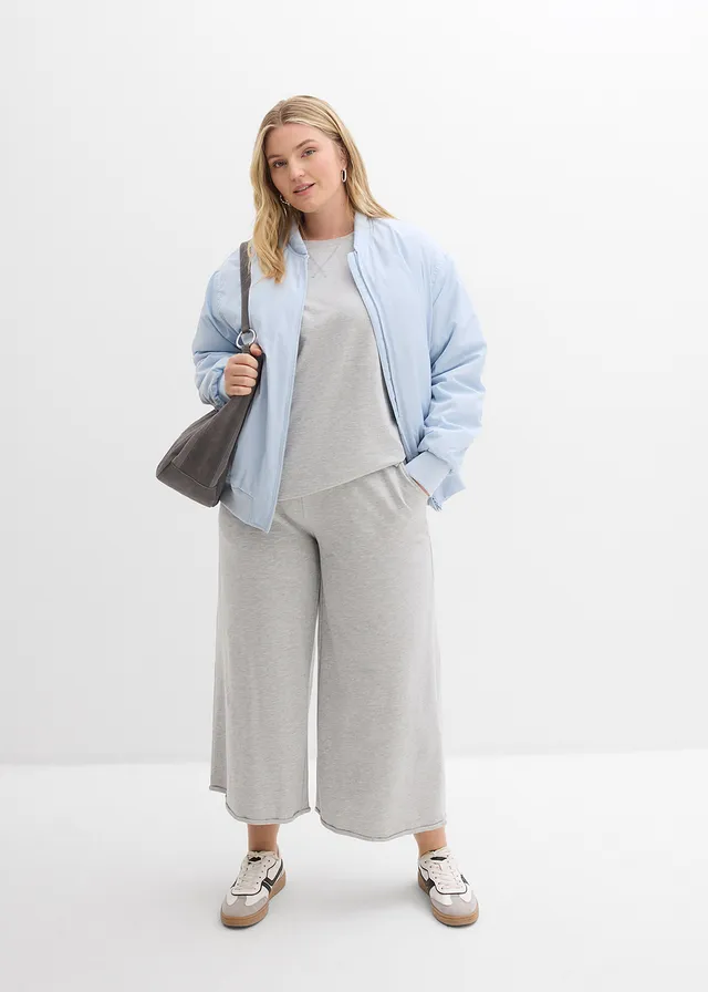 T-shirt long en sweat 100% coton, Couleur: gris clair chiné