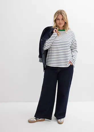 Oversize tričko s dlouhým rukávem, z čisté organické bavlny, barva: bílá/luční zelená/hlubinná modrá s proužky