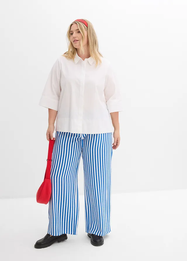 Pantalon large à pinces, fluide, Couleur: bleu arctique/blanc