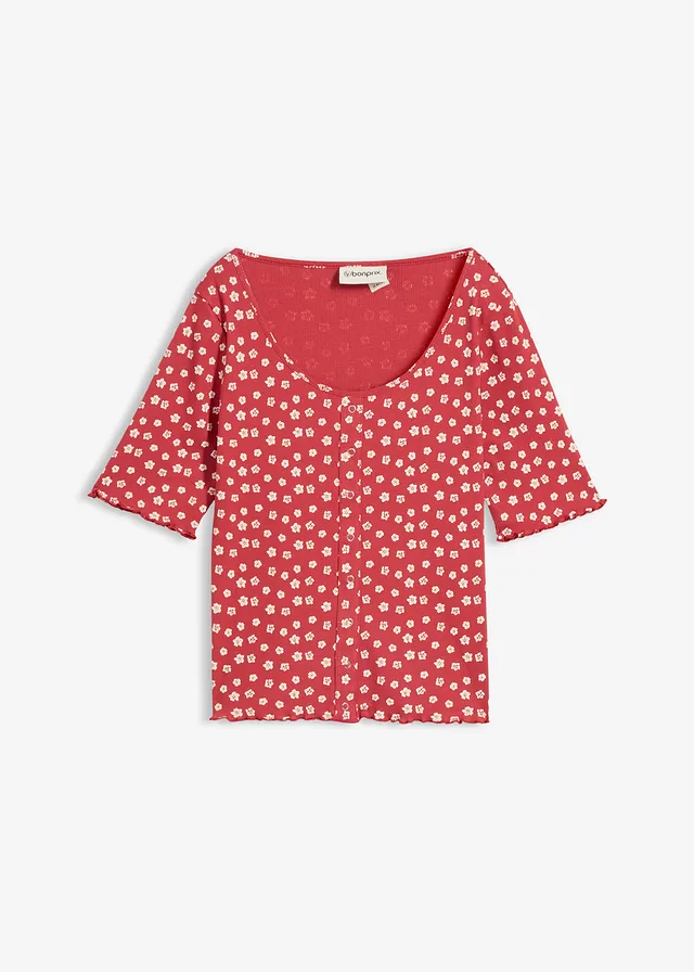 Prążkowany T-shirt z kwiatowym nadrukiem, półdługie rękawy