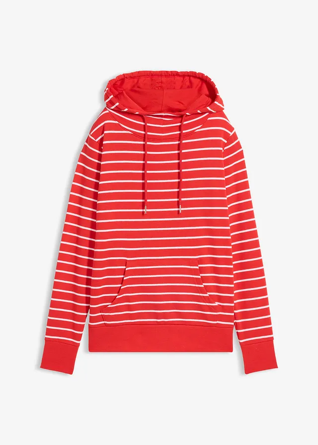 Hoodie van katoenmix • aardbeirood-wit gestreept • bonprix online shop