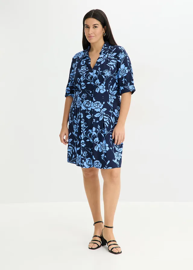 Robe-chemise en viscose fluide, Couleur: bleu foncé-bleu moyen floral