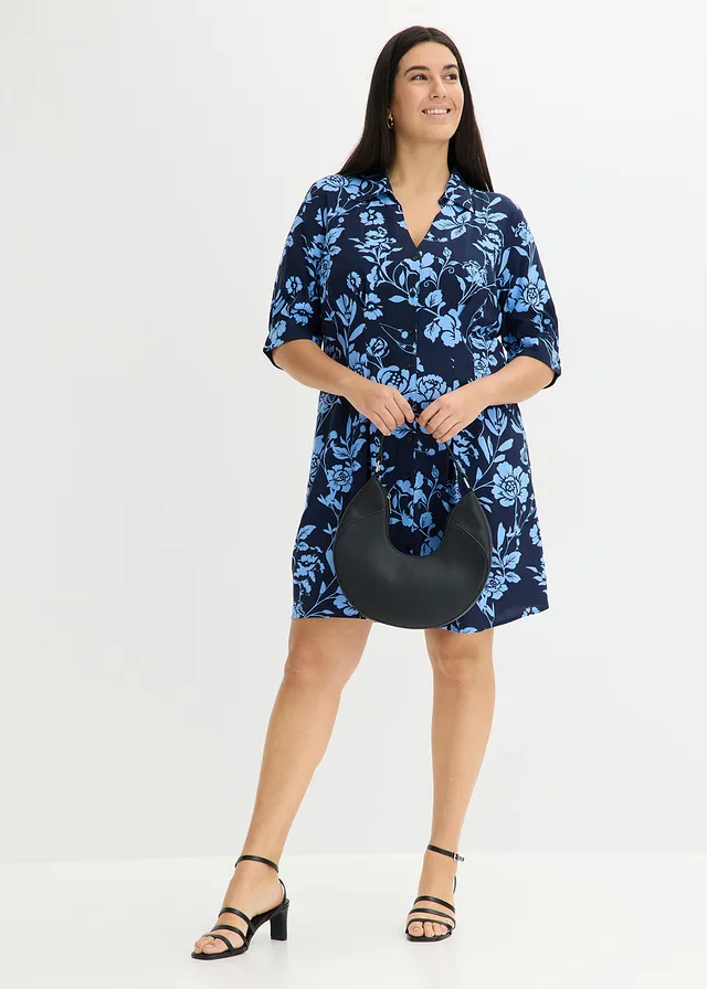 Robe-chemise en viscose fluide, Couleur: bleu foncé-bleu moyen floral