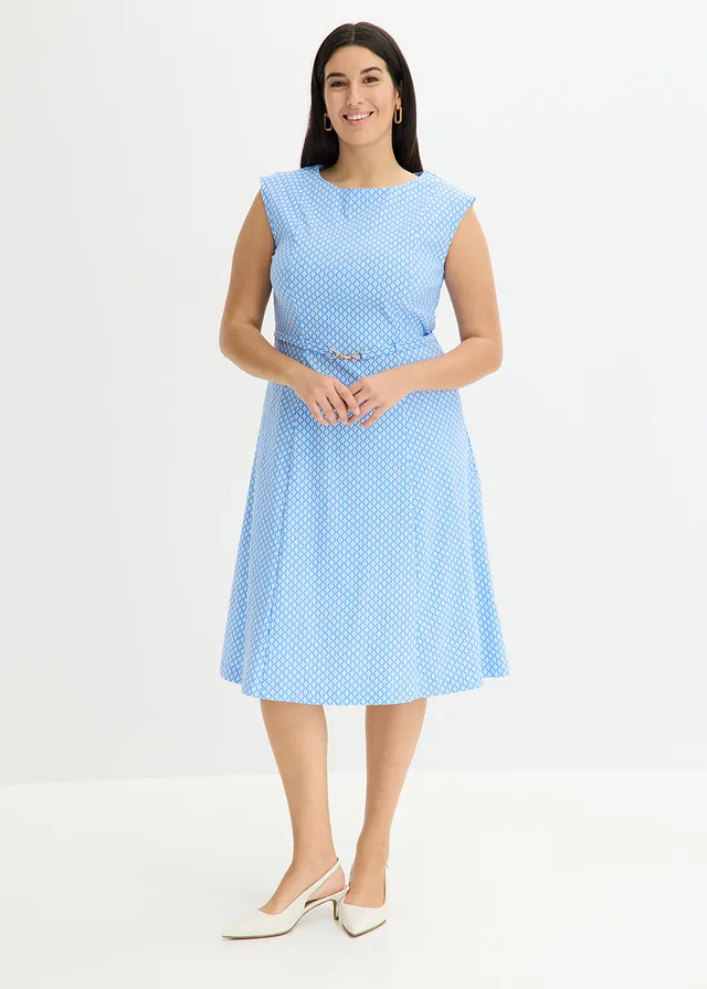 Robe en bengaline avec ceinture, Couleur: bleu moyen/blanc cassé