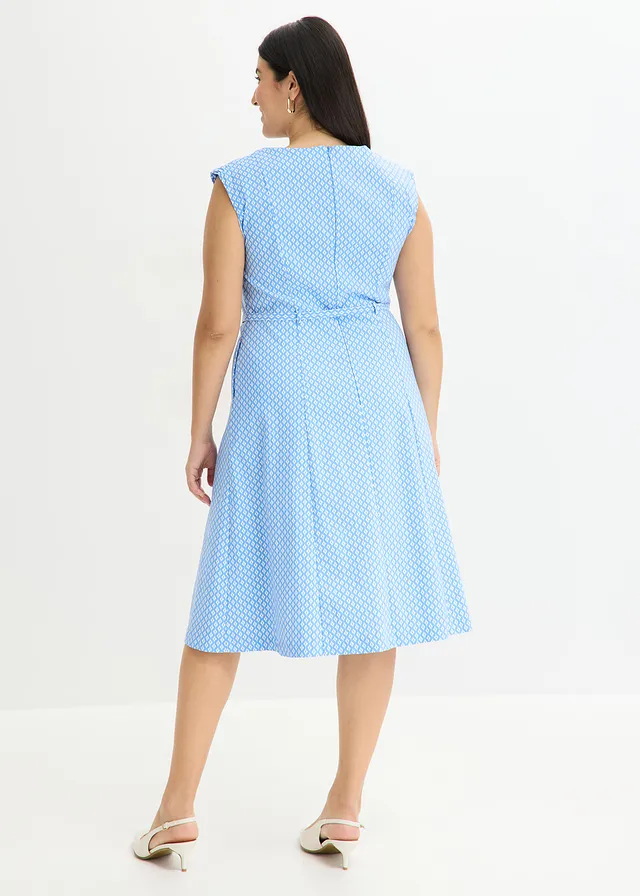 Robe en bengaline avec ceinture, Couleur: bleu moyen/blanc cassé