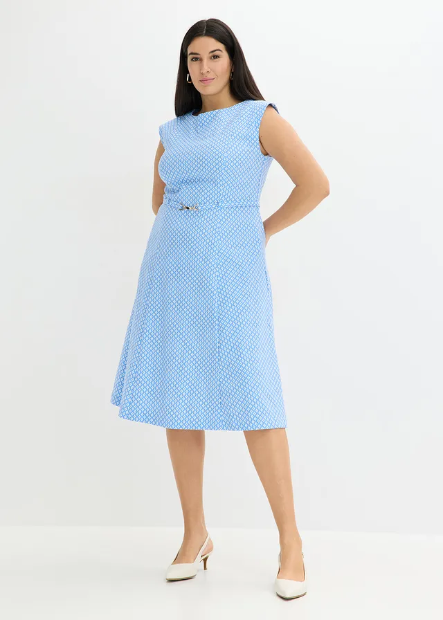 Robe en bengaline avec ceinture, Couleur: bleu moyen/blanc cassé