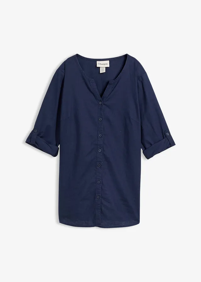 Blouse met linnen, 3/4 mouw, Kleur: donkerblauw