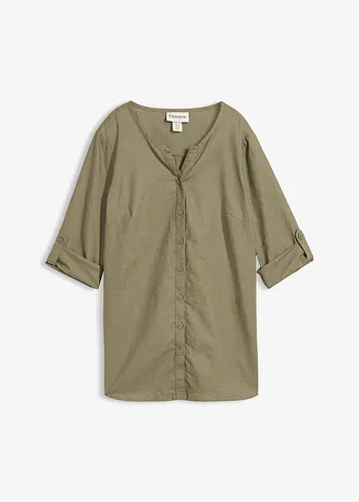 Blouse met linnen, 3/4 mouw, Kleur: olijfgroen