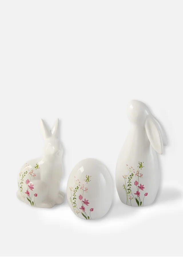 Lot de 3 figurines déco Lapins et Œuf avec fleurs, Couleur: blanc