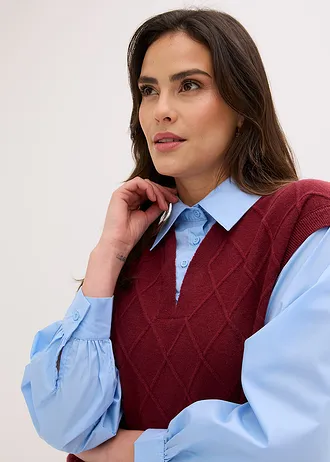 Pull sans manches à empiècement chemisier en coton • rouge rubis-bleu clair • Boutique bonprix