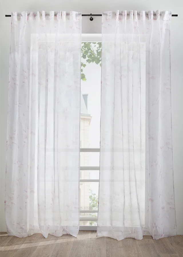 Transparant gordijn met bloemenprint (1 stuk), Kleur: crème-lichtroze