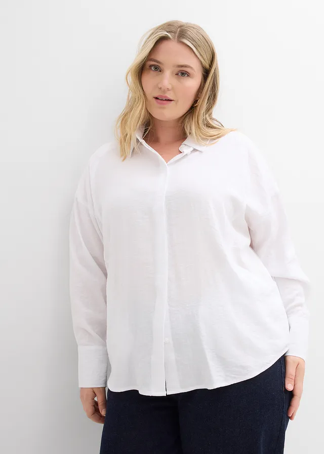 Overhemdblouse met zakken in een viscose mix, Kleur: wit