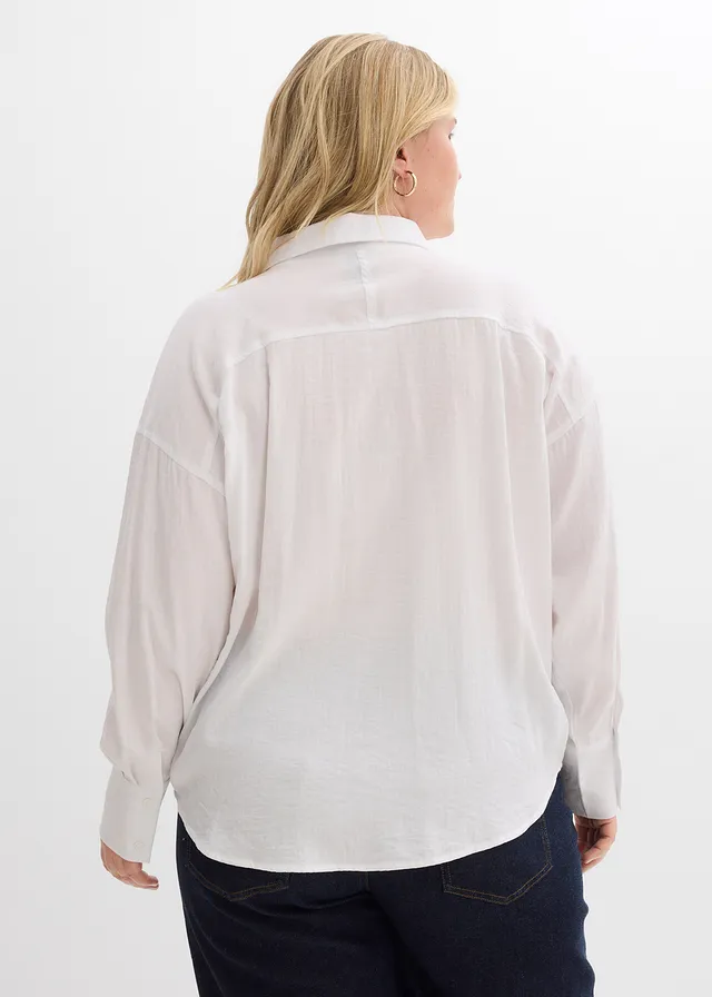Overhemdblouse met zakken in een viscose mix, Kleur: wit