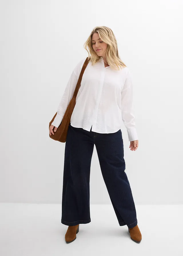Overhemdblouse met zakken in een viscose mix, Kleur: wit