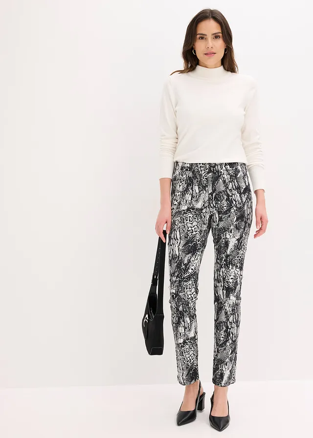 Stretch broek, Kleur: zwart-parelwit slangenprint