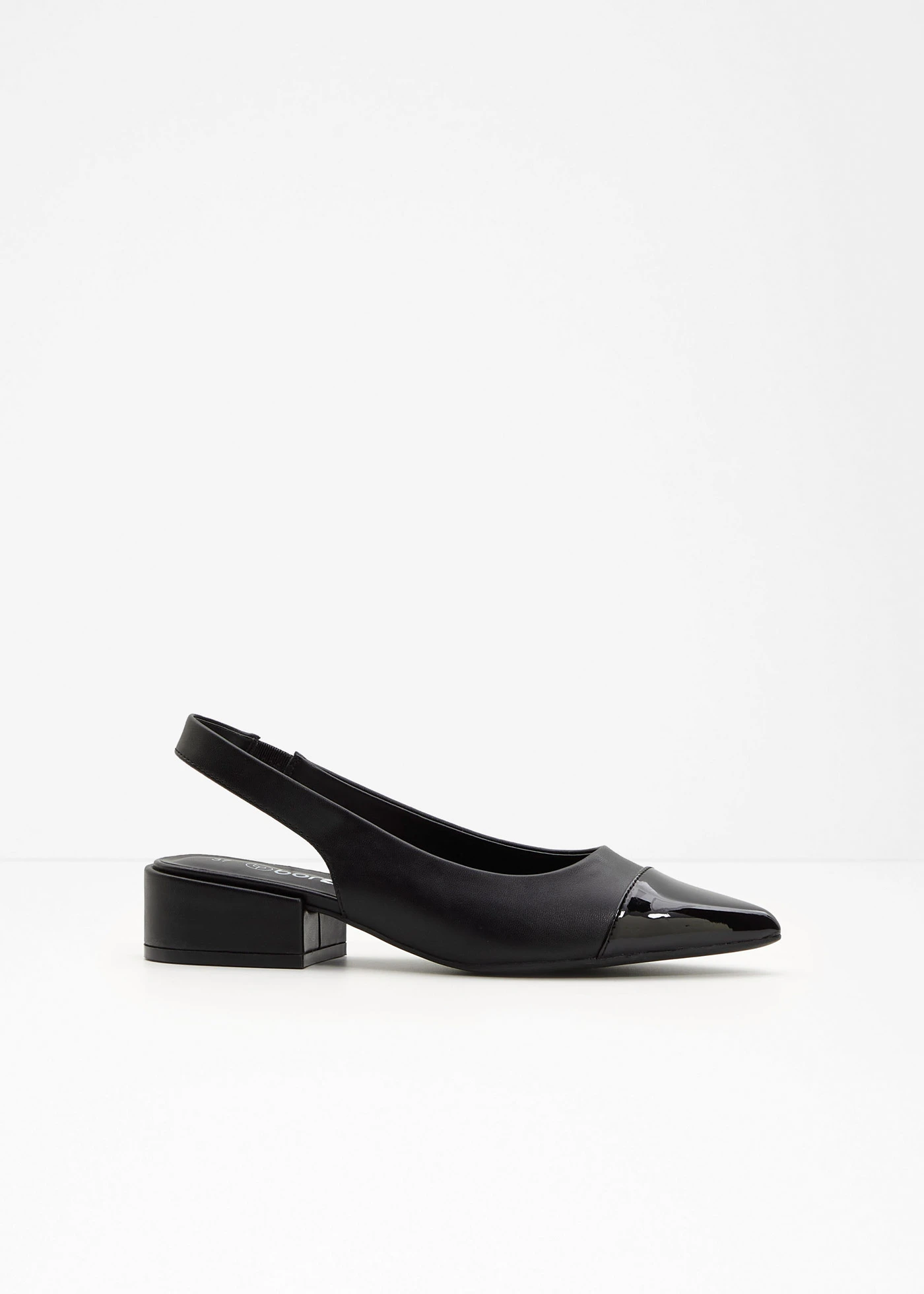Slingback pumps met platte hak • zwart/zwart lak • bonprix online shop