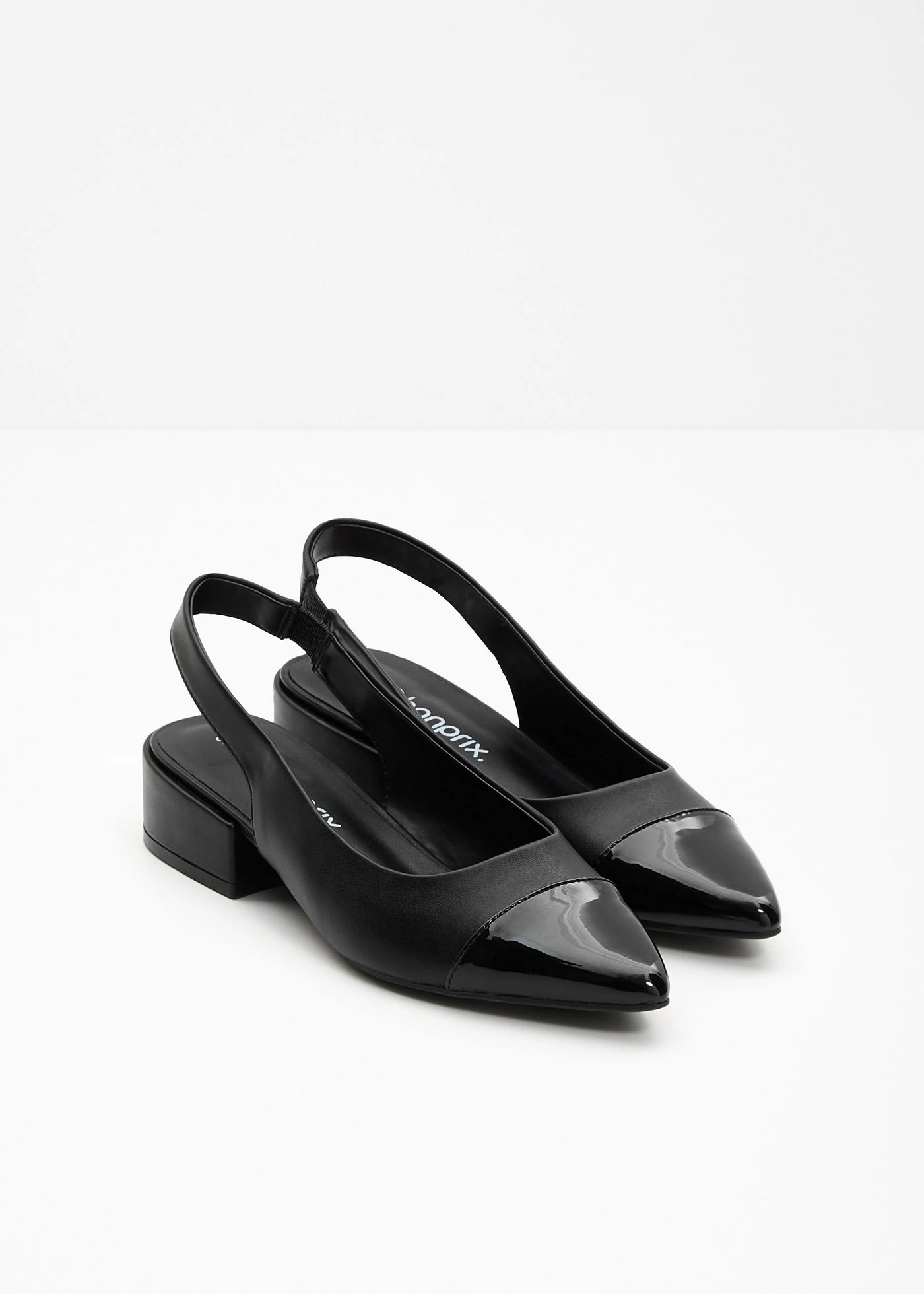 Slingback pumps met platte hak • zwart/zwart lak • bonprix online shop
