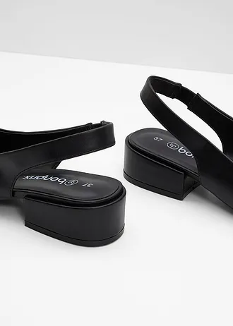 Slingback pumps met platte hak, Kleur: zwart/zwart lak