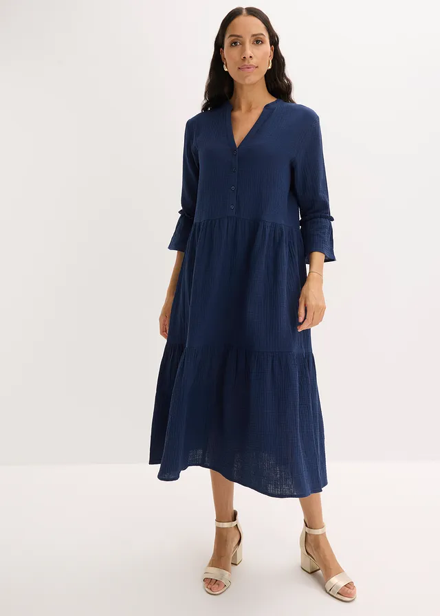 Midi jurk van zachte mousseline, Kleur: donkerblauw