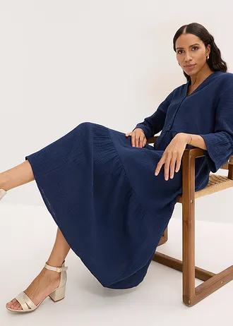 Robe midi en gaze de coton douce • bleu foncé • Boutique bonprix