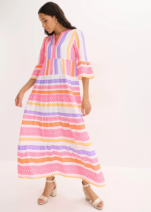 Robe longue en viscose fluide, Couleur: blanc-rose fluo-orange fluo imprimé