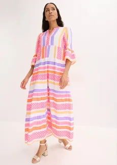 Robe longue en viscose fluide, Couleur: blanc/rose fluo/orange fluo imprimé