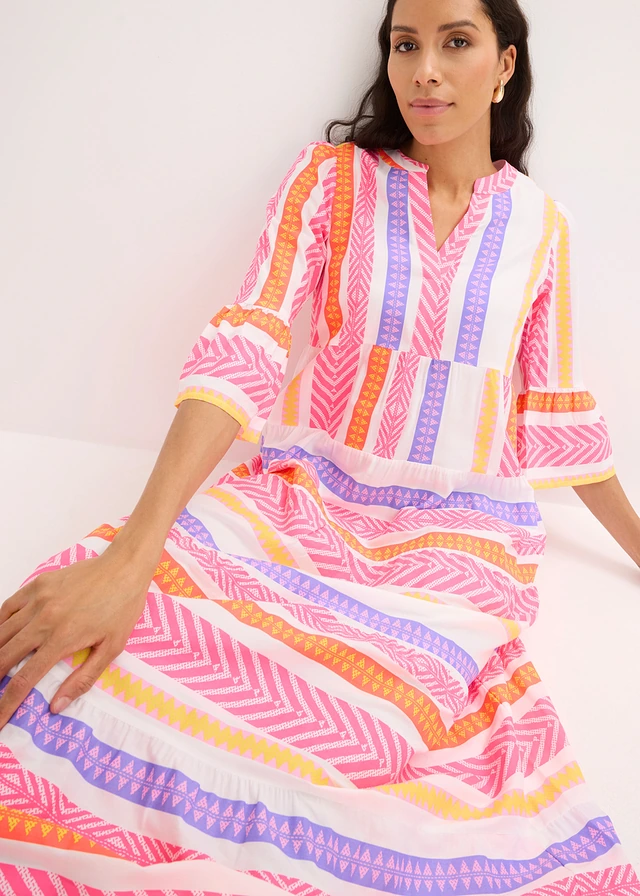 Robe longue en viscose fluide • blanc-rose fluo-orange fluo imprimé • product-page.page-title-suffix