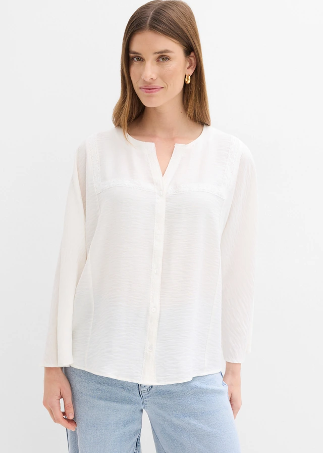 Chemisier en coton à manches larges, Couleur: écru