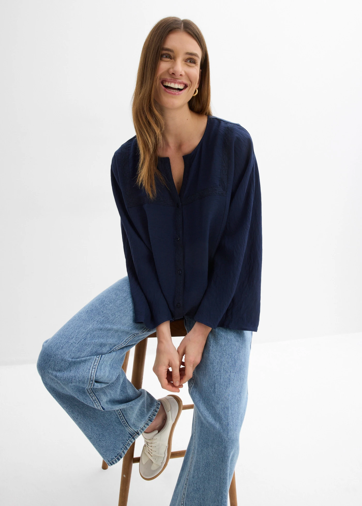 Katoenen blouse met wijde mouwen • donkerblauw • bonprix online shop