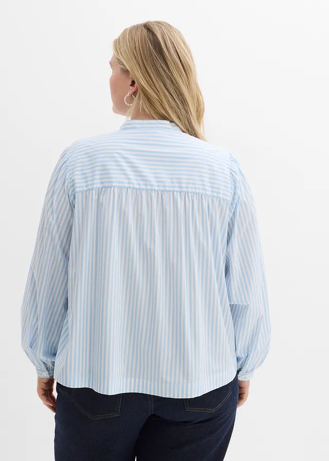 Chemisier en popeline solide, Couleur: bleu clair/blanc rayé