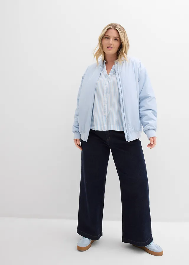 Chemisier en popeline solide, Couleur: bleu clair/blanc rayé