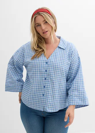 Overhemdblouse van een luchtige linnenmix, Kleur: arctisch blauw-lichtblauw-wit