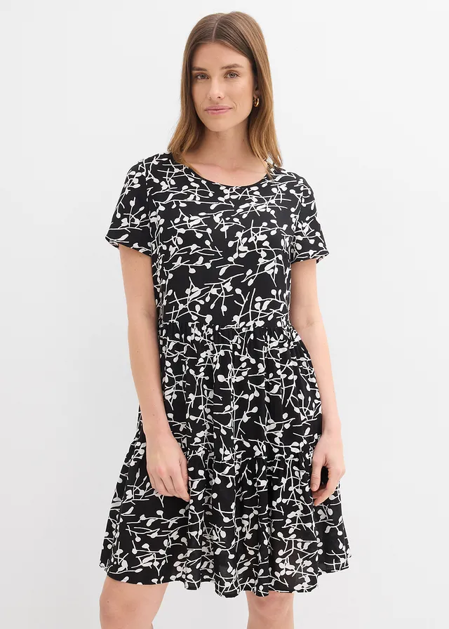 Robe courte en viscose fluide, Couleur: noir/écru imprimé
