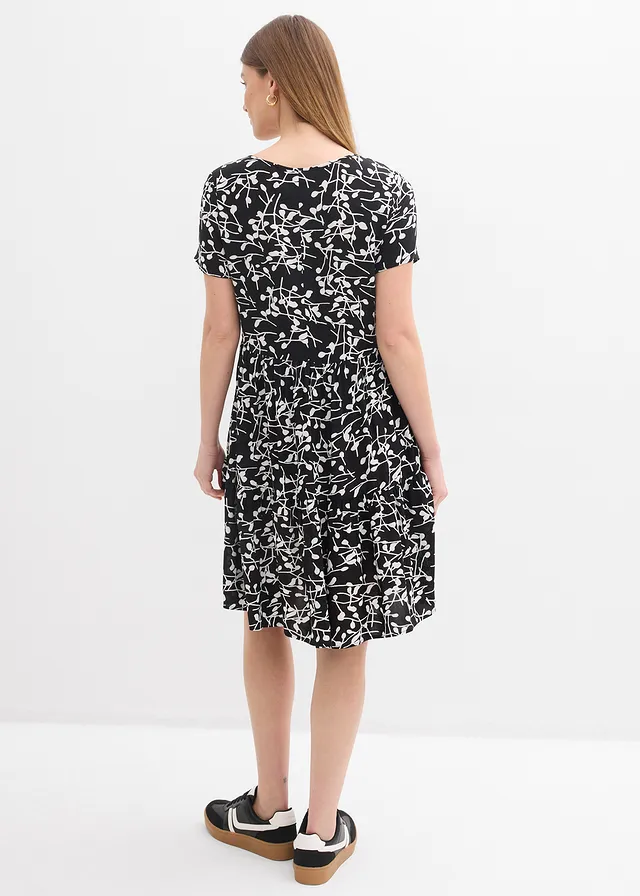 Robe courte en viscose fluide, Couleur: noir/écru imprimé