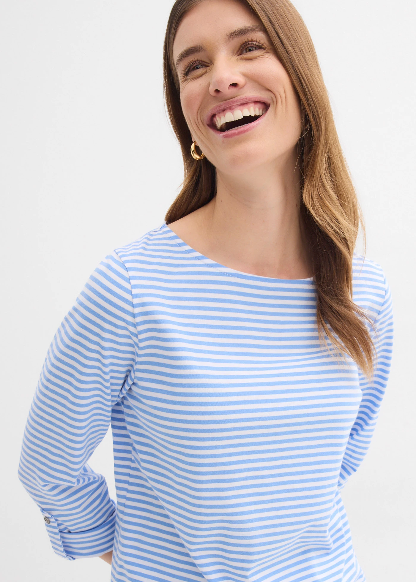 T-shirt manches longues 100% coton • bleu moyen-blanc rayé • Boutique bonprix