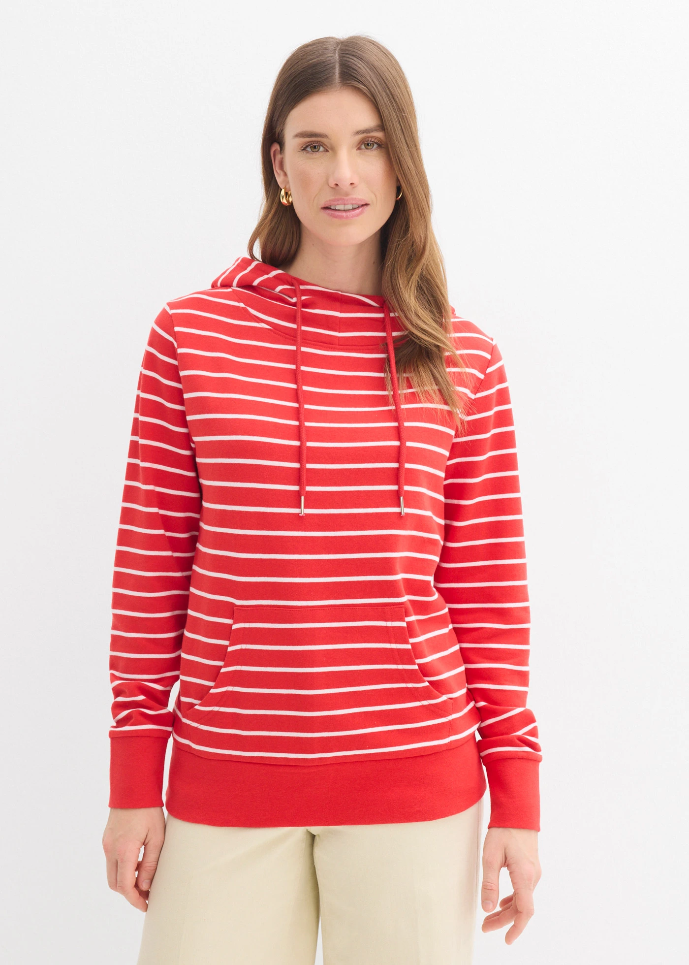 Bluza z kapturem z mieszanki bawełny • truskawkowy/biały w paski • sklep bonprix